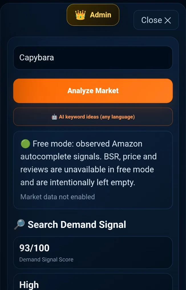 نتيجة Demand Signal لكلمة Capybara في أداة AllWDbook Keyword Research